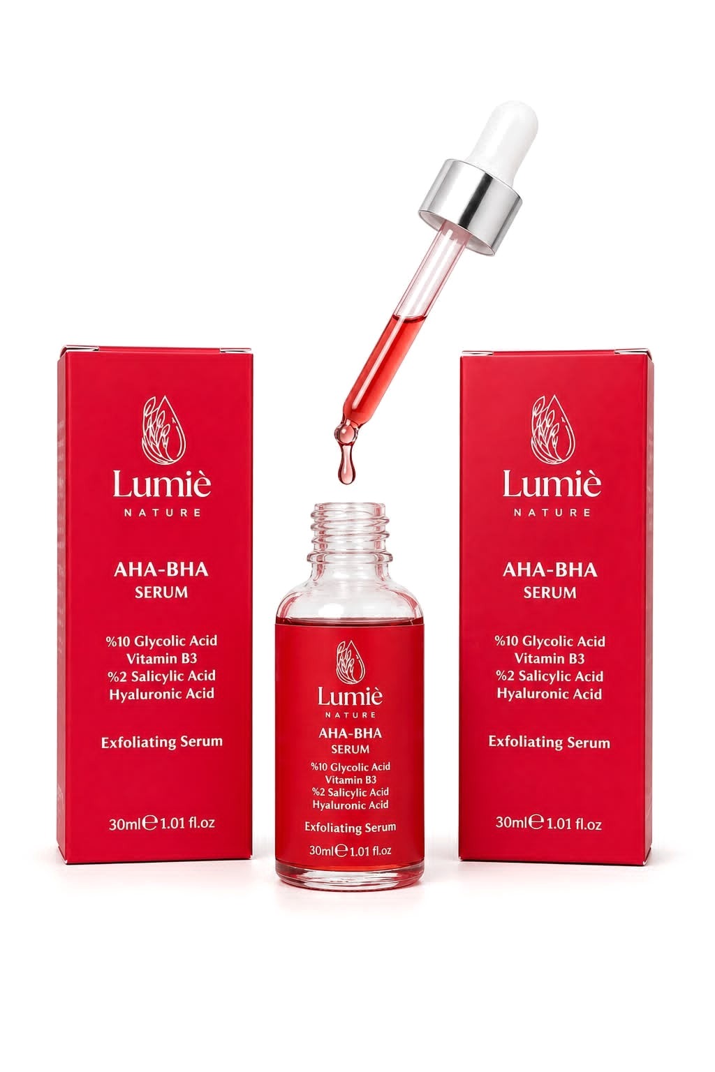 Damlalıktan damlayan AHA-BHA Serum ve iki kutusu